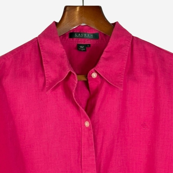Lauren Ralph Lauren Linen Roll Tab Sleeve Shirt Size L Large Bright Pink LRL - Picture 2 of 8